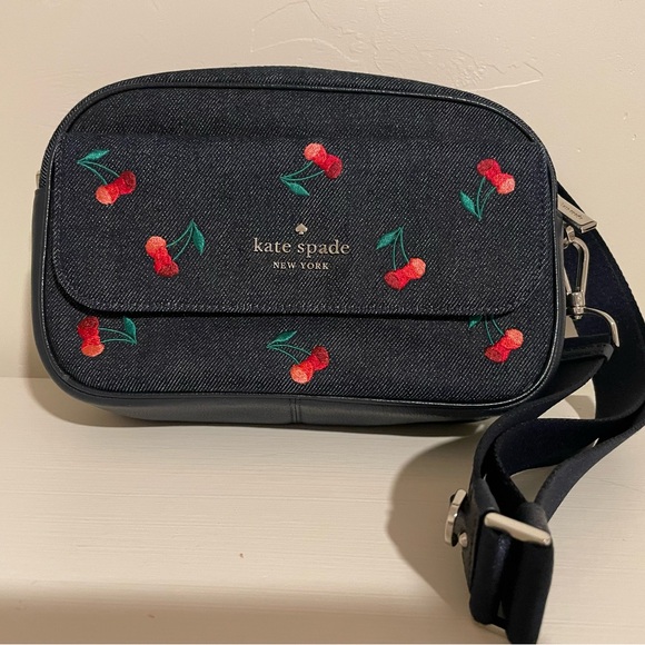 Kate Spade Navy Denim Cherry Embroidered Crossbody Bag with small card holder - Picture 2 of 10